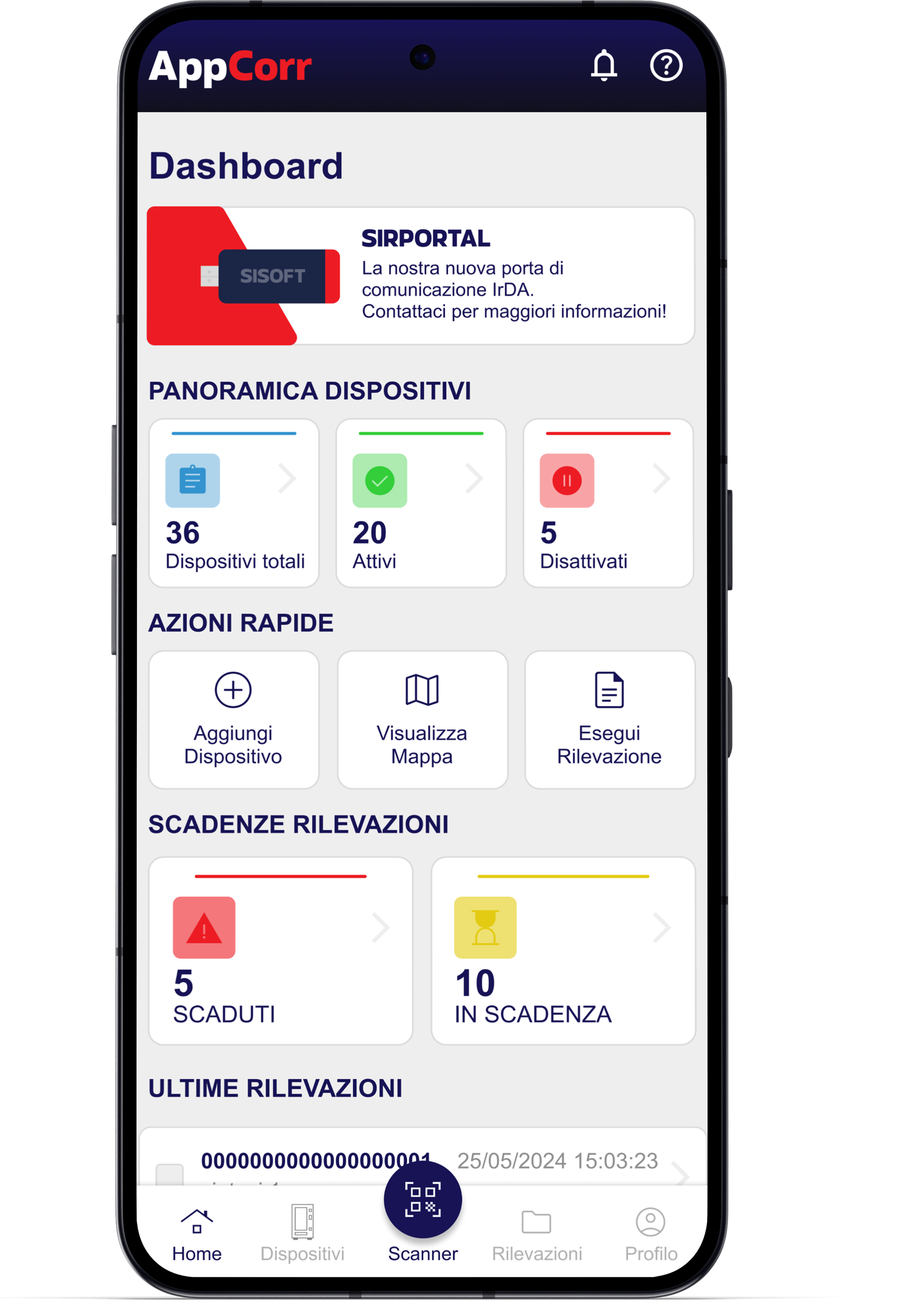 Schermata dell'app AppCorr: dashboard con SIRPORTAL, dispositivi e azioni rapide